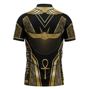 Egypt Winged Sun Zipper Polo Shirt Ancient Mythology Golden Ankh