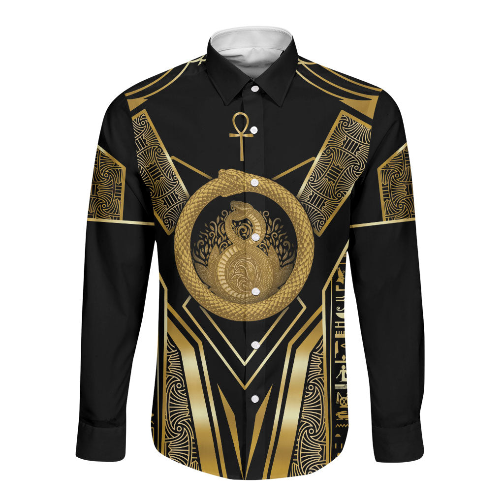 Egypt Ouroboros Long Sleeve Button Shirt Ancient Mythology Infinity Serpent Gold