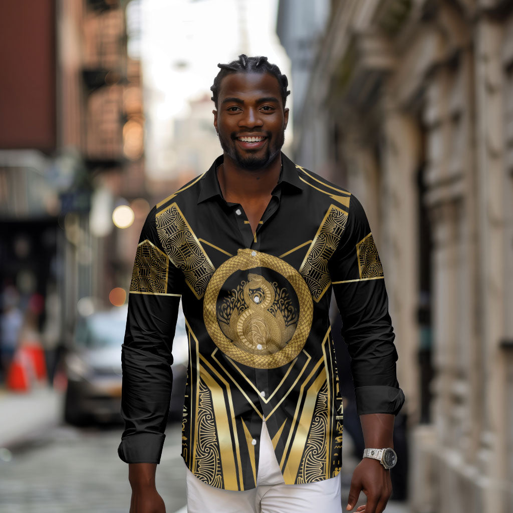 Egypt Ouroboros Long Sleeve Button Shirt Ancient Mythology Infinity Serpent Gold