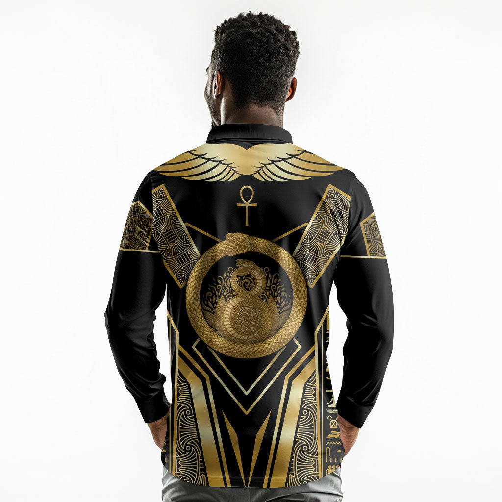 Egypt Ouroboros Long Sleeve Polo Shirt Ancient Mythology Infinity Serpent Gold