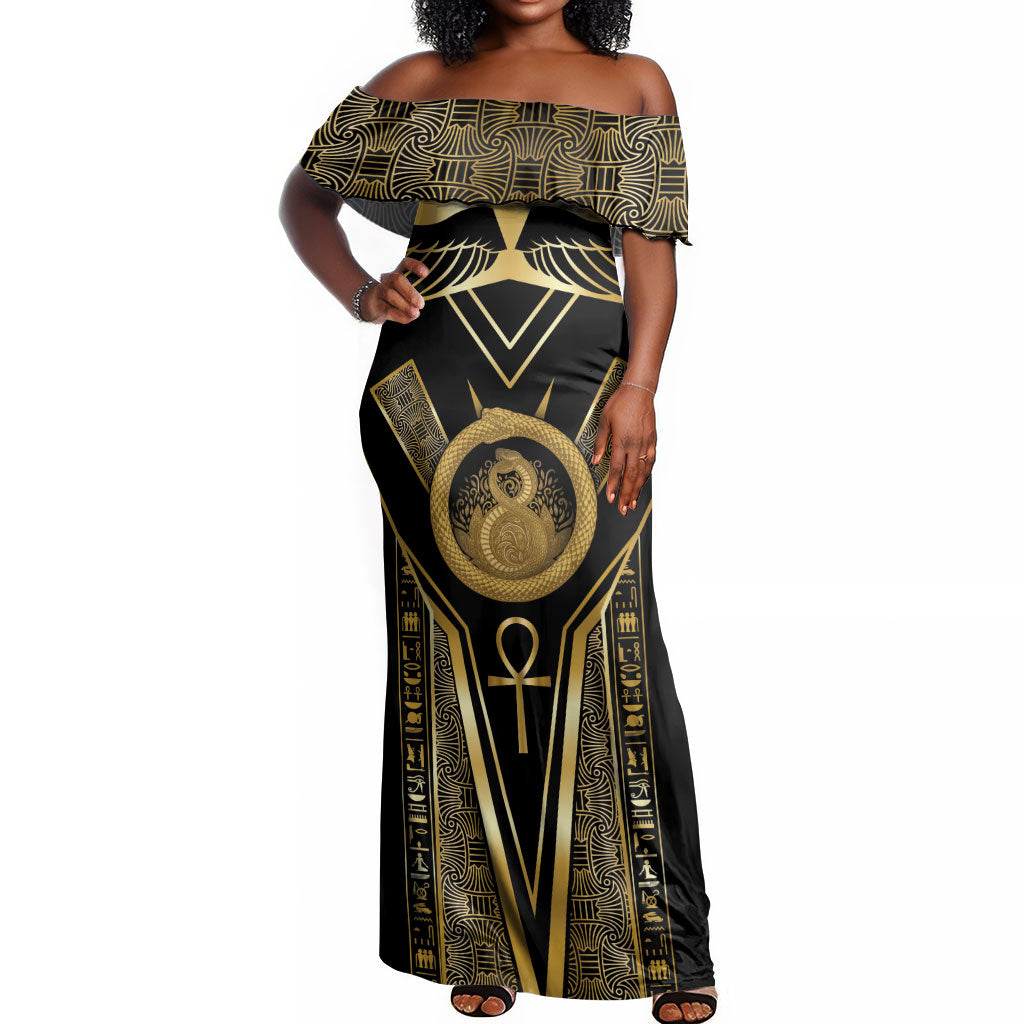 Egypt Ouroboros Off Shoulder Maxi Dress Ancient Mythology Infinity Serpent Gold