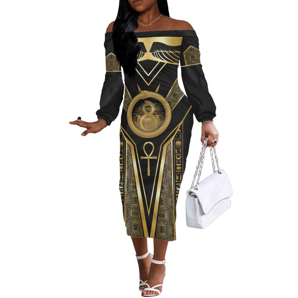 Egypt Ouroboros Off The Shoulder Long Sleeve Dress Ancient Mythology Infinity Serpent Gold