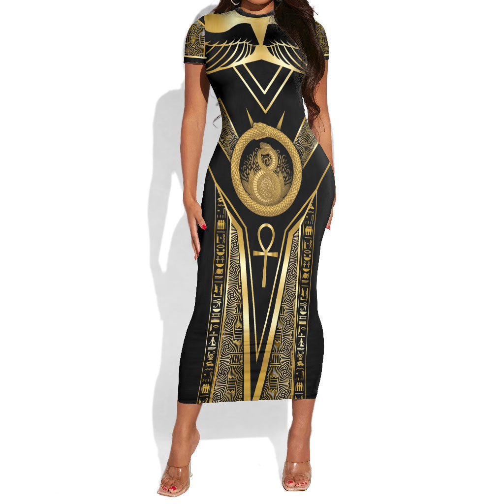 Egypt Ouroboros Short Sleeve Bodycon Dress Ancient Mythology Infinity Serpent Gold