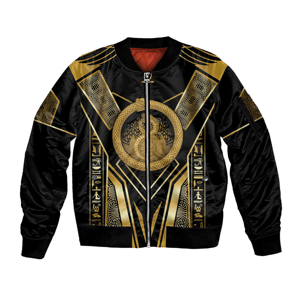 Egypt Ouroboros Sleeve Zip Bomber Jacket Ancient Mythology Infinity Serpent Gold