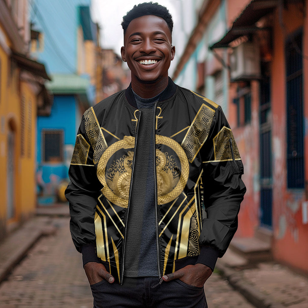 Egypt Ouroboros Sleeve Zip Bomber Jacket Ancient Mythology Infinity Serpent Gold