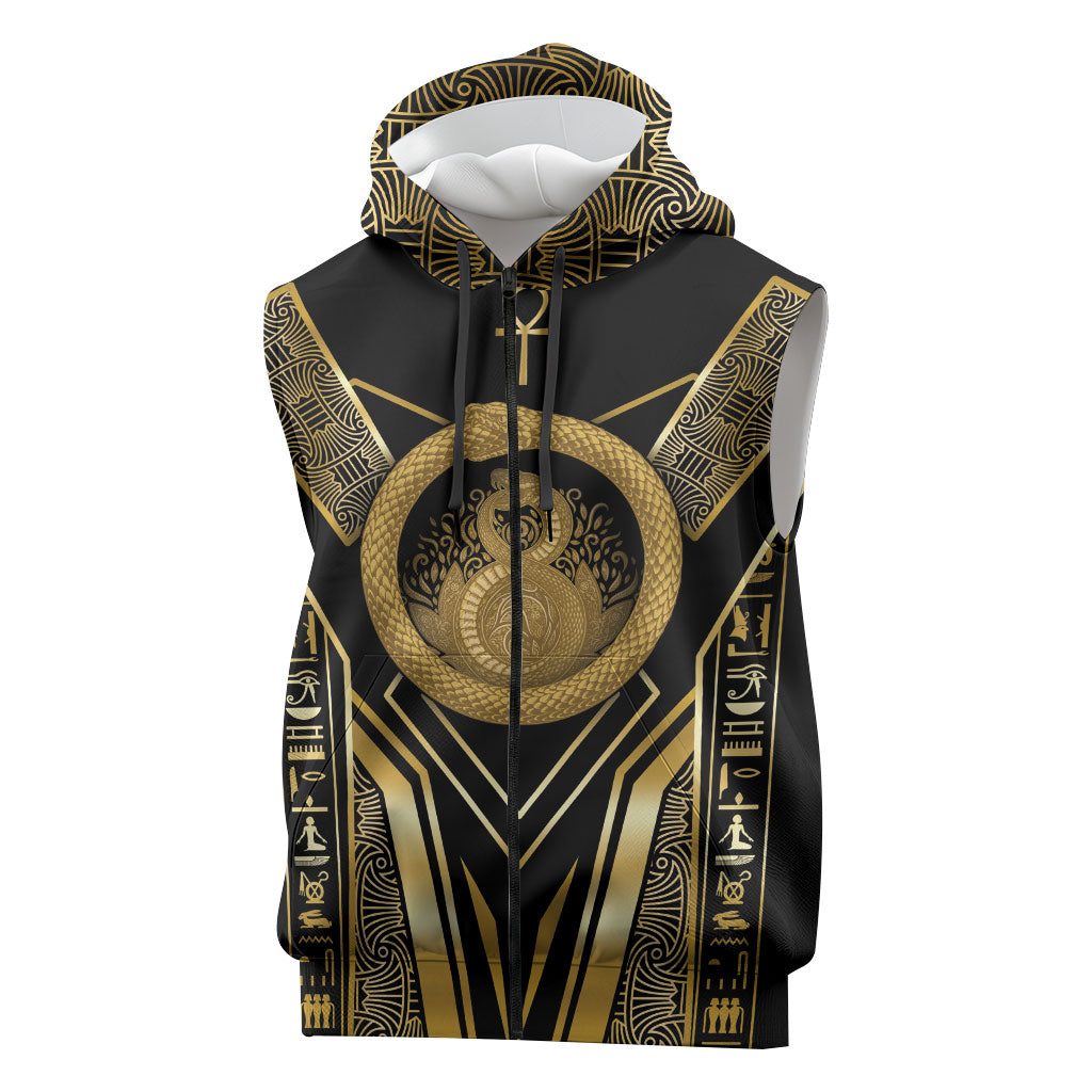 Egypt Ouroboros Sleeveless Zip Hoodie Ancient Mythology Infinity Serpent Gold