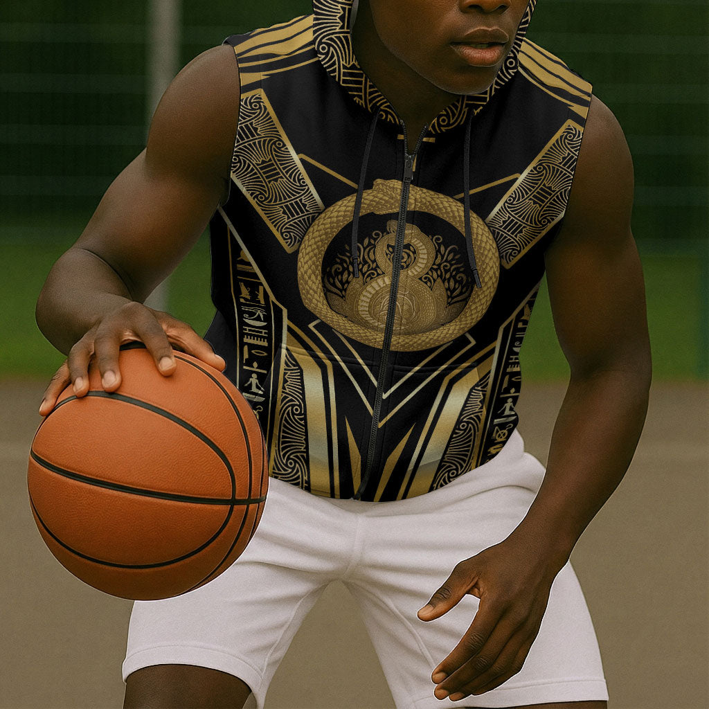 Egypt Ouroboros Sleeveless Zip Hoodie Ancient Mythology Infinity Serpent Gold