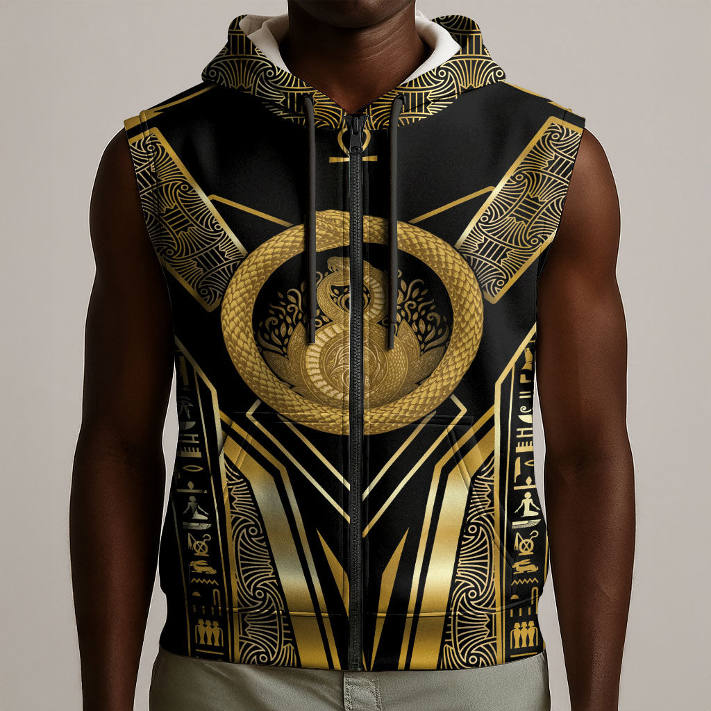 Egypt Ouroboros Sleeveless Zip Hoodie Ancient Mythology Infinity Serpent Gold