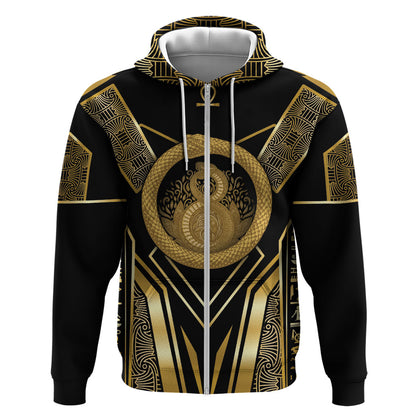 Egypt Ouroboros Zip Hoodie Ancient Mythology Infinity Serpent Gold
