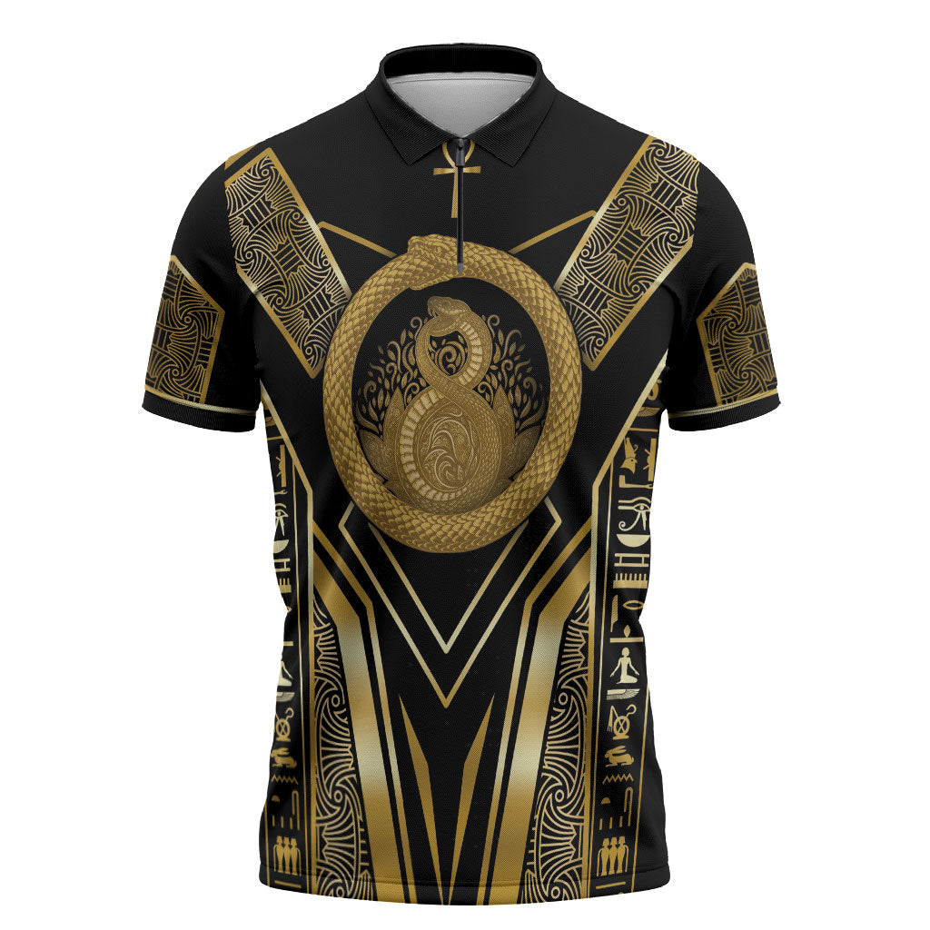 Egypt Ouroboros Zipper Polo Shirt Ancient Mythology Infinity Serpent Gold