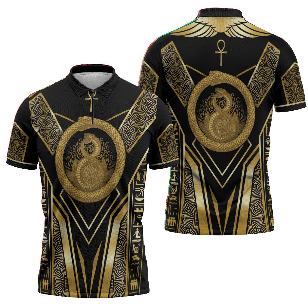 Egypt Ouroboros Zipper Polo Shirt Ancient Mythology Infinity Serpent Gold