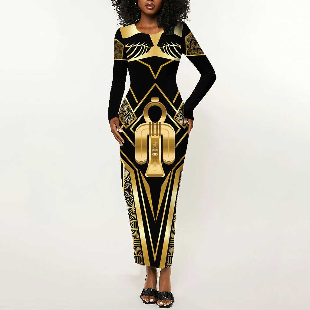 Egypt Tyet Long Sleeve Bodycon Dress Ancient Mythology Knot Of Isis Gold