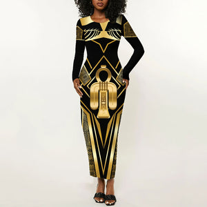 Egypt Tyet Long Sleeve Bodycon Dress Ancient Mythology Knot Of Isis Gold