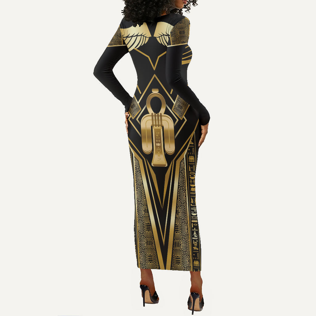 Egypt Tyet Long Sleeve Bodycon Dress Ancient Mythology Knot Of Isis Gold