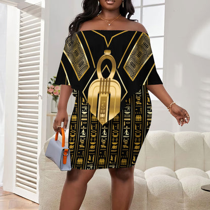 Egypt Tyet Off Shoulder Short Dress Ancient Mythology Knot Of Isis Gold