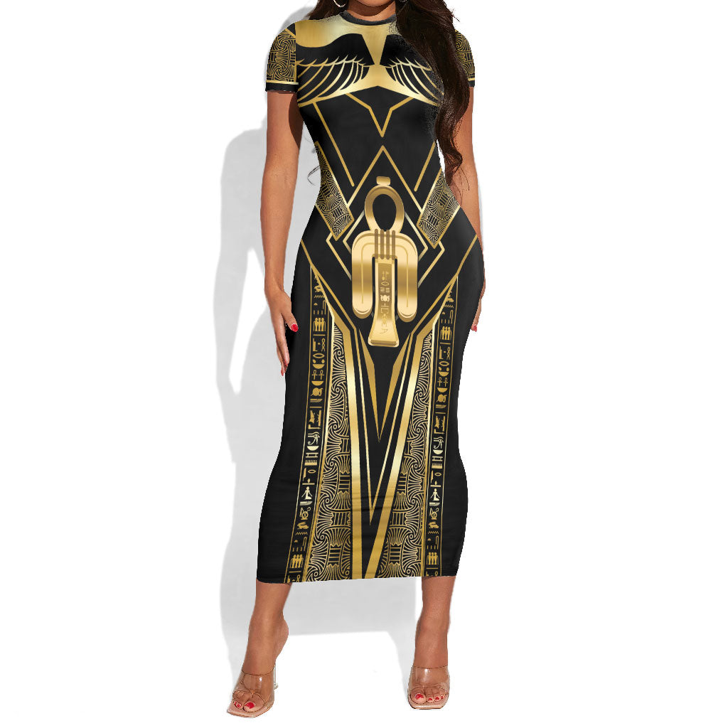 Egypt Tyet Short Sleeve Bodycon Dress Ancient Mythology Knot Of Isis Gold