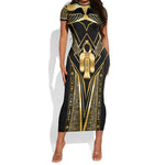 Egypt Tyet Short Sleeve Bodycon Dress Ancient Mythology Knot Of Isis Gold