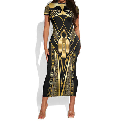 Egypt Tyet Short Sleeve Bodycon Dress Ancient Mythology Knot Of Isis Gold