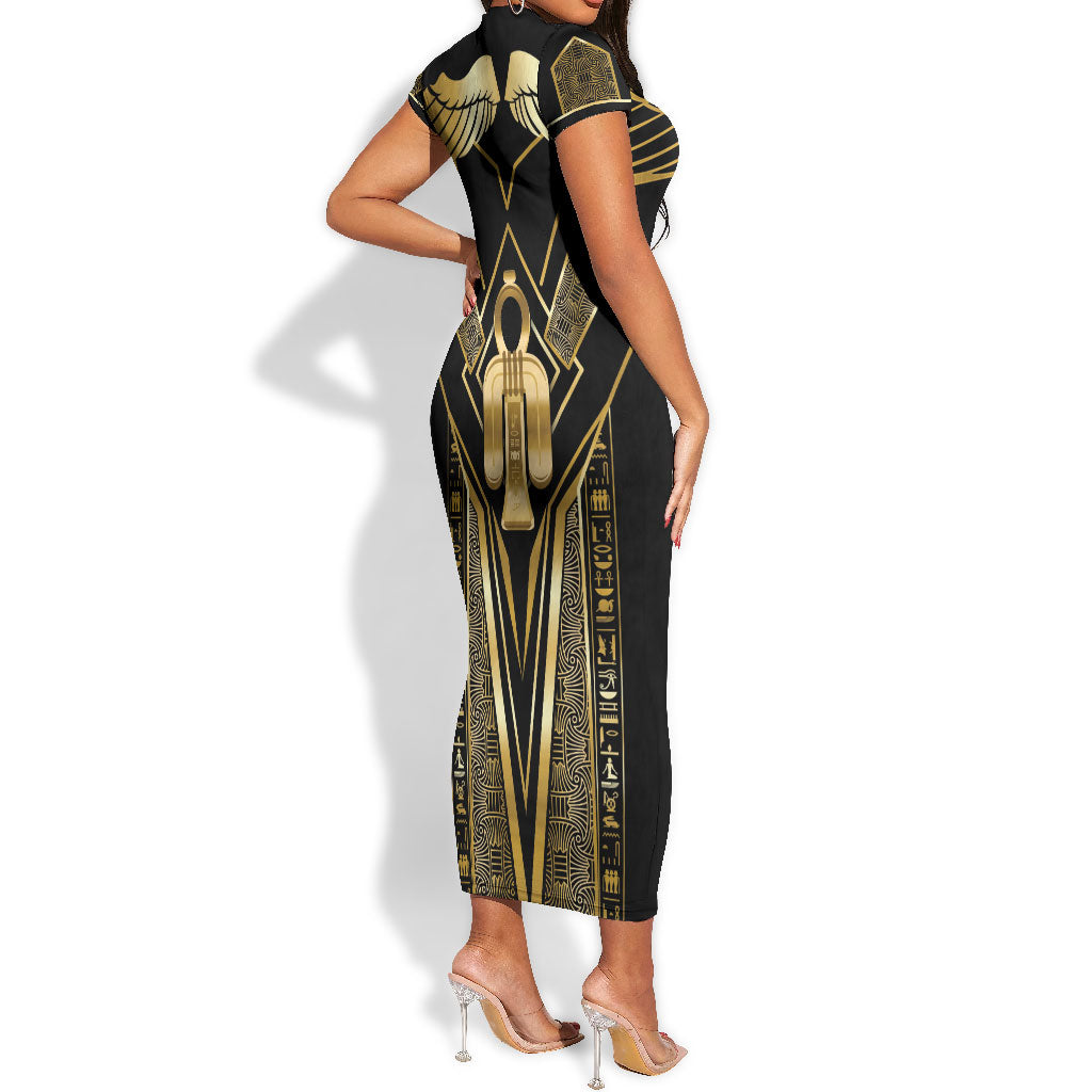 Egypt Tyet Short Sleeve Bodycon Dress Ancient Mythology Knot Of Isis Gold