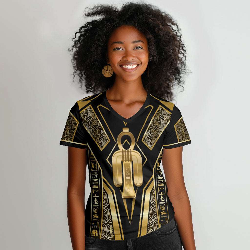 Egypt Tyet Women V-Neck T-Shirt Ancient Mythology Knot Of Isis Gold