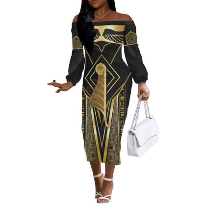 Egypt Feather Of Maat Off The Shoulder Long Sleeve Dress Ancient Mythology Truth And Justice