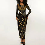 Egypt Crook And Flail Long Sleeve Bodycon Dress Ancient Mythology Pharaoh Royalty Gold