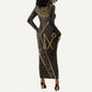 Egypt Crook And Flail Long Sleeve Bodycon Dress Ancient Mythology Pharaoh Royalty Gold