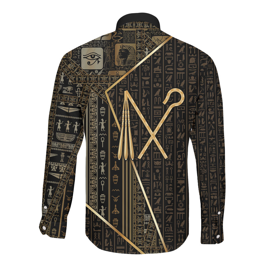 Egypt Crook And Flail Long Sleeve Button Shirt Ancient Mythology Pharaoh Royalty Gold