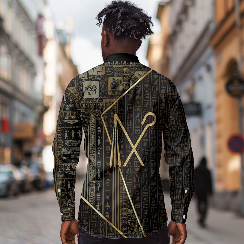 Egypt Crook And Flail Long Sleeve Button Shirt Ancient Mythology Pharaoh Royalty Gold