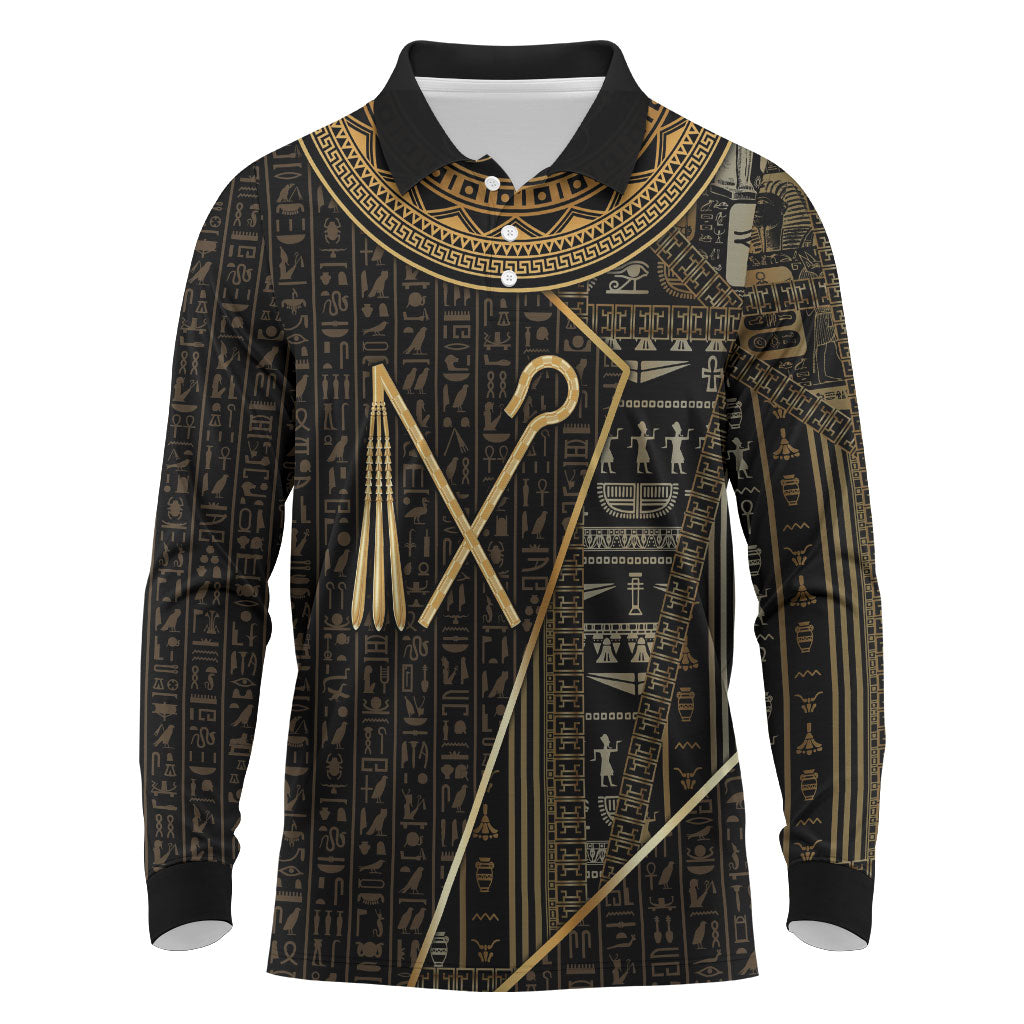 Egypt Crook And Flail Long Sleeve Polo Shirt Ancient Mythology Pharaoh Royalty Gold