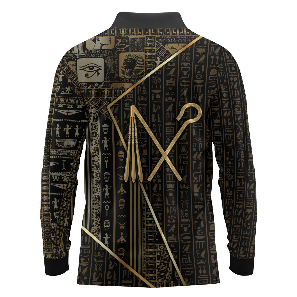 Egypt Crook And Flail Long Sleeve Polo Shirt Ancient Mythology Pharaoh Royalty Gold