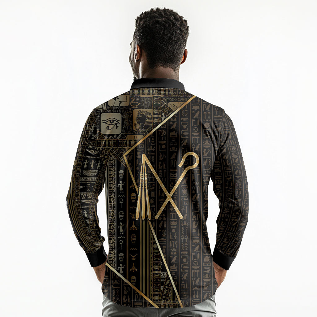 Egypt Crook And Flail Long Sleeve Polo Shirt Ancient Mythology Pharaoh Royalty Gold