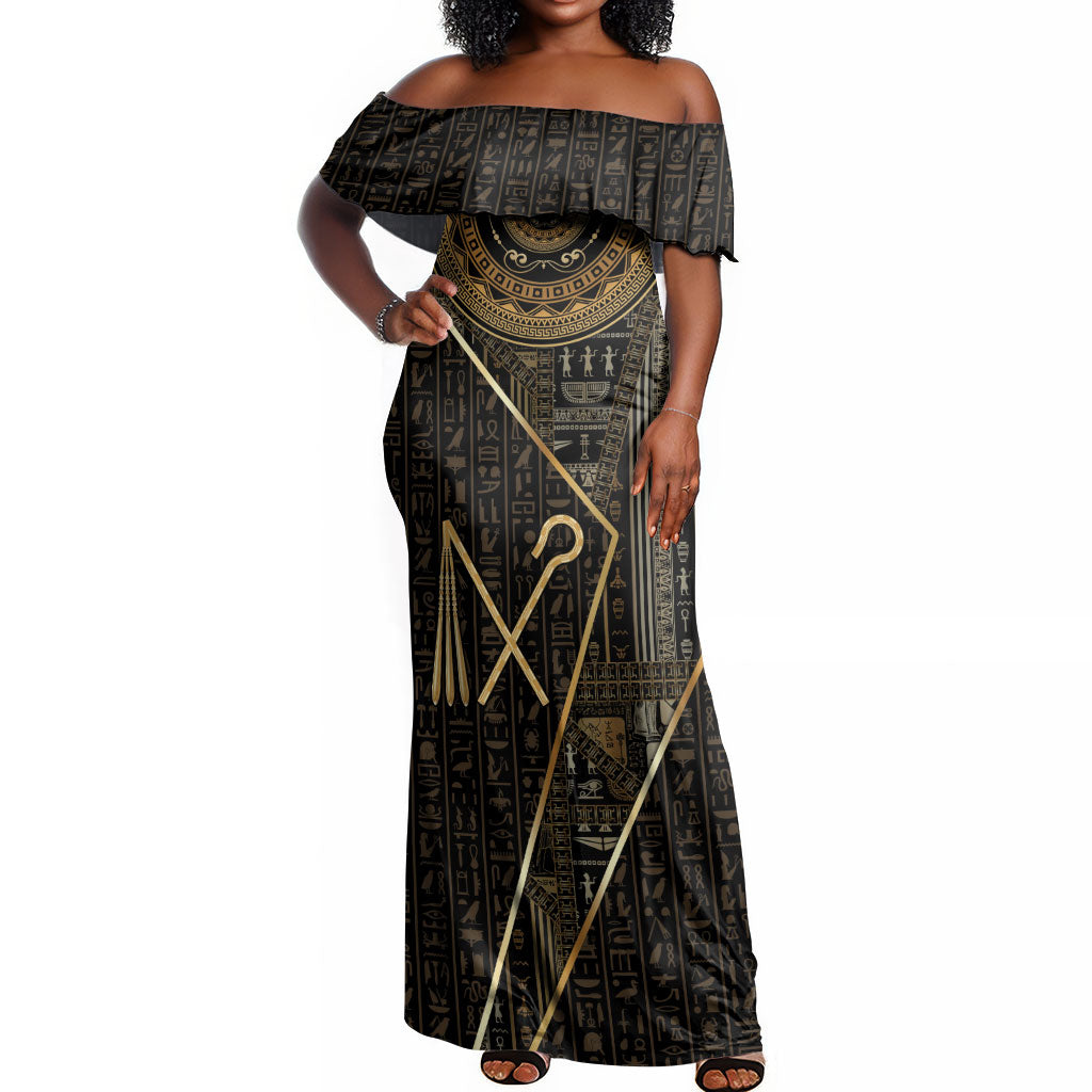 Egypt Crook And Flail Off Shoulder Maxi Dress Ancient Mythology Pharaoh Royalty Gold