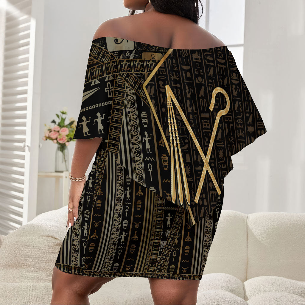 Egypt Crook And Flail Off Shoulder Short Dress Ancient Mythology Pharaoh Royalty Gold