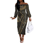 Egypt Crook And Flail Off The Shoulder Long Sleeve Dress Ancient Mythology Pharaoh Royalty Gold