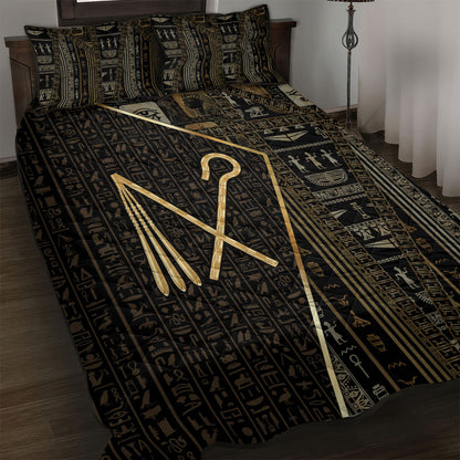 Egypt Crook And Flail Quilt Bed Set Ancient Mythology Pharaoh Royalty Gold