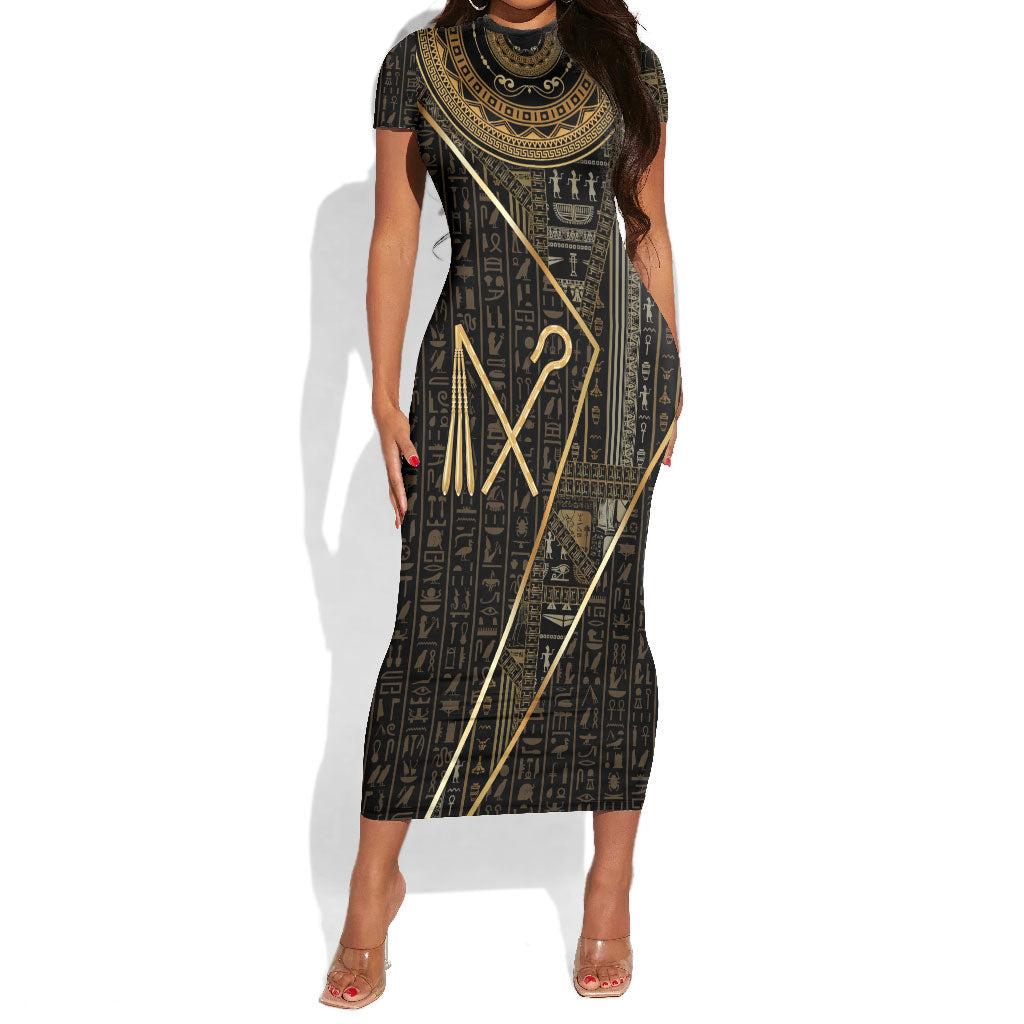 Egypt Crook And Flail Short Sleeve Bodycon Dress Ancient Mythology Pharaoh Royalty Gold