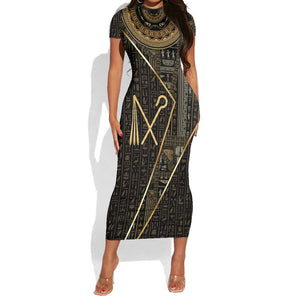 Egypt Crook And Flail Short Sleeve Bodycon Dress Ancient Mythology Pharaoh Royalty Gold