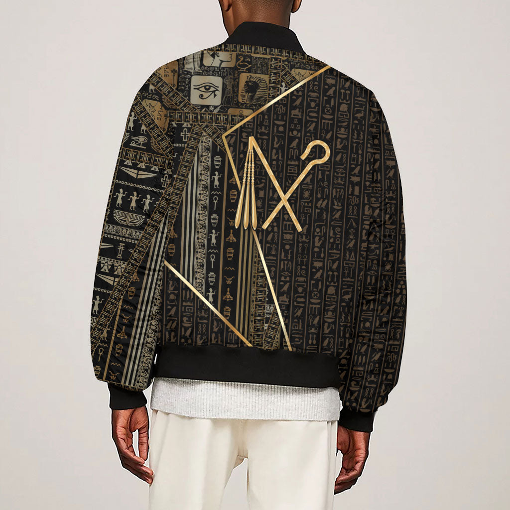 Egypt Crook And Flail Sleeve Zip Bomber Jacket Ancient Mythology Pharaoh Royalty Gold