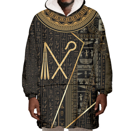 Egypt Crook And Flail Wearable Blanket Hoodie Ancient Mythology Pharaoh Royalty Gold