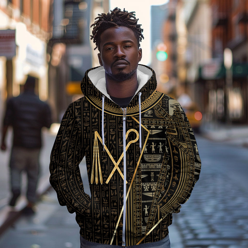 Egypt Crook And Flail Zip Hoodie Ancient Mythology Pharaoh Royalty Gold