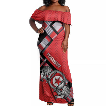 Personalized Tunisia Off Shoulder Maxi Dress Silver Lions Sports Patterns - African Pride