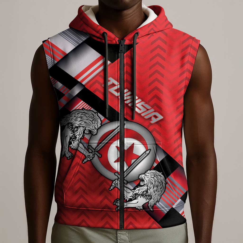 Personalized Tunisia Sleeveless Zip Hoodie Silver Lions Sports Patterns - African Pride