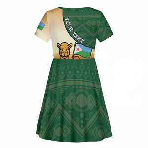 Personalized African Djibouti Kid Short Sleeve Dress Camel Holding Jabuuti Flag - African Pride