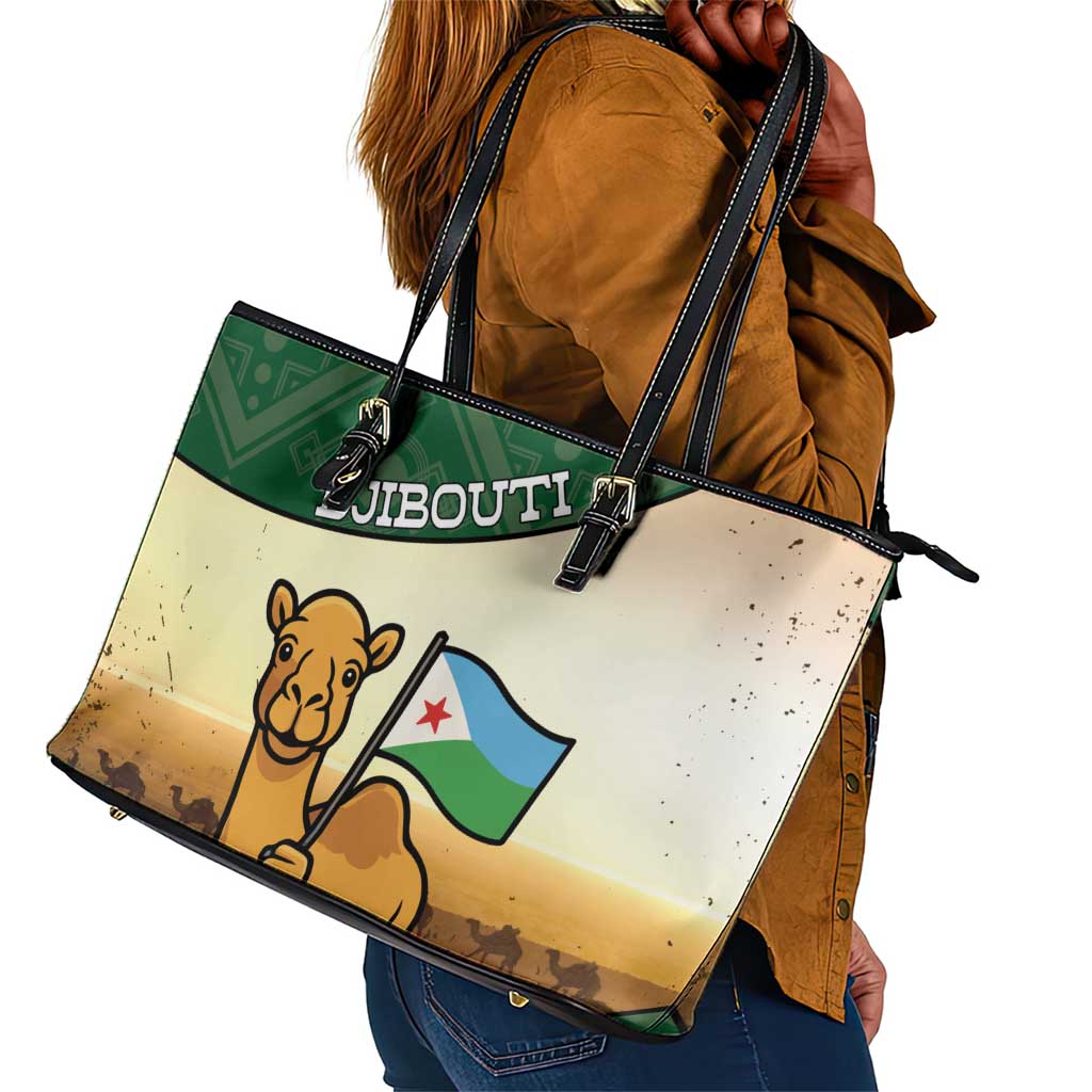 African Djibouti Leather Tote Bag Camel Holding Jabuuti Flag - African Pride
