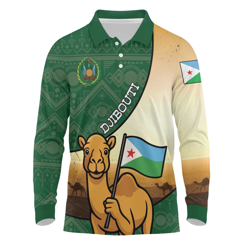 Personalized African Djibouti Long Sleeve Polo Shirt Camel Holding Jabuuti Flag - African Pride