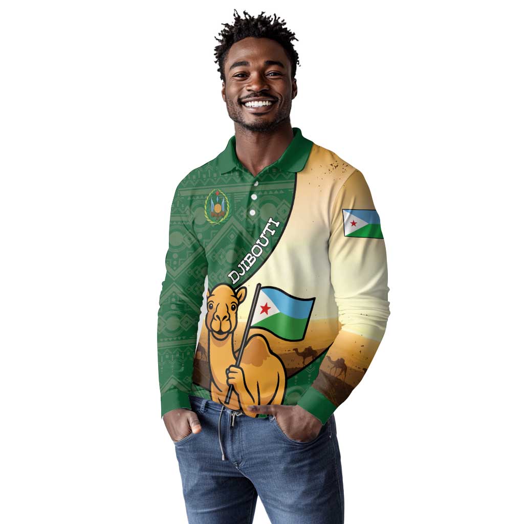 Personalized African Djibouti Long Sleeve Polo Shirt Camel Holding Jabuuti Flag - African Pride