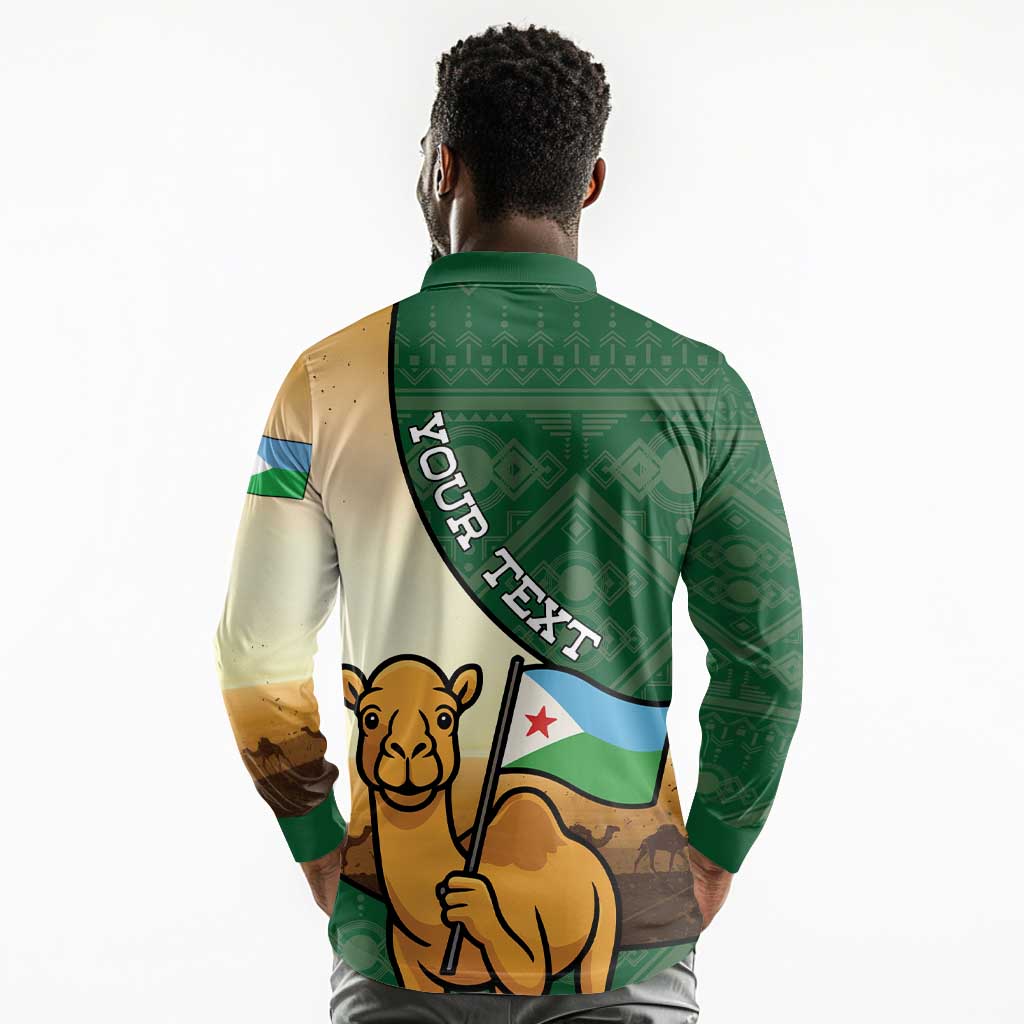 Personalized African Djibouti Long Sleeve Polo Shirt Camel Holding Jabuuti Flag - African Pride