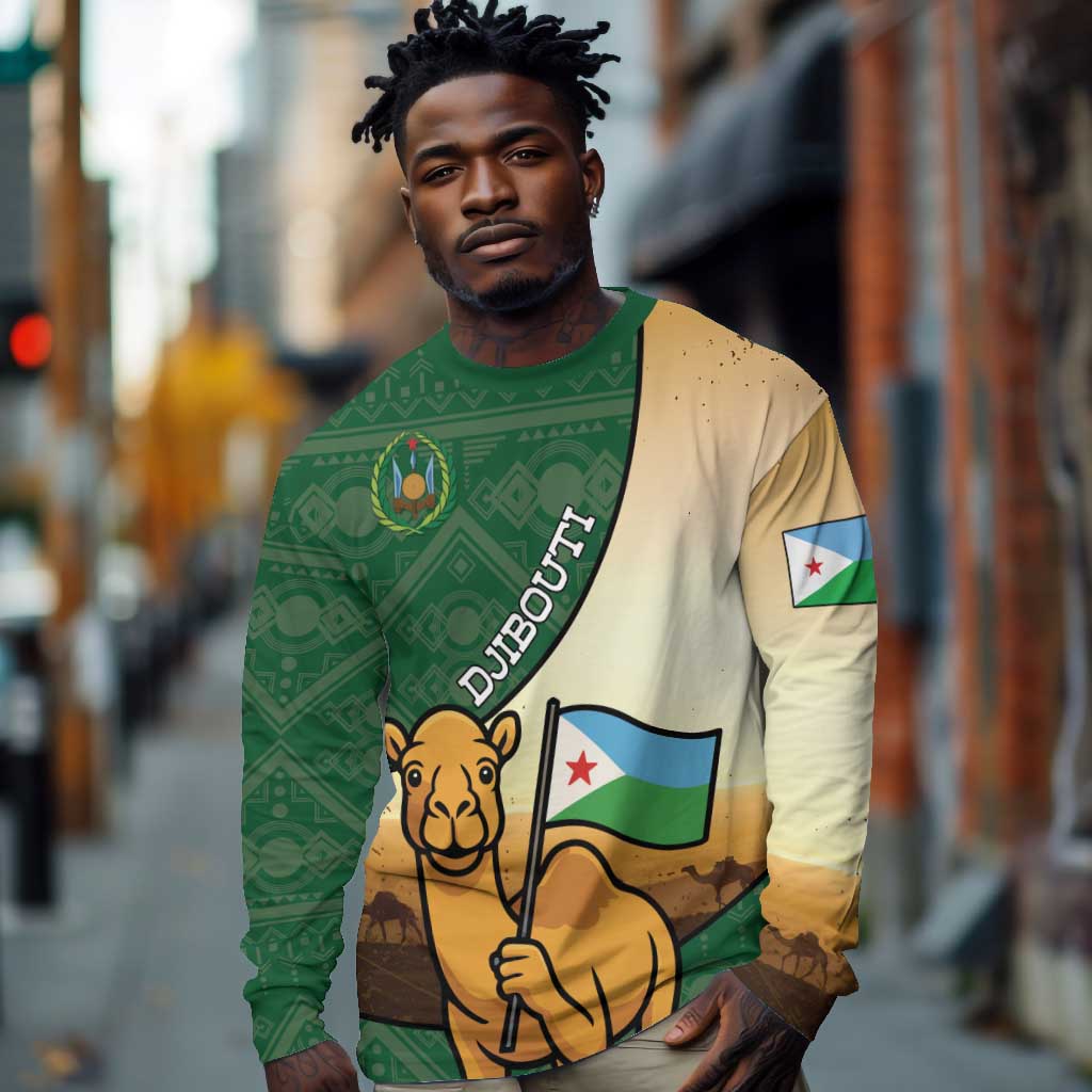 Personalized African Djibouti Long Sleeve Shirt Camel Holding Jabuuti Flag - African Pride
