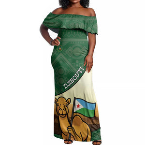 Personalized African Djibouti Off Shoulder Maxi Dress Camel Holding Jabuuti Flag - African Pride